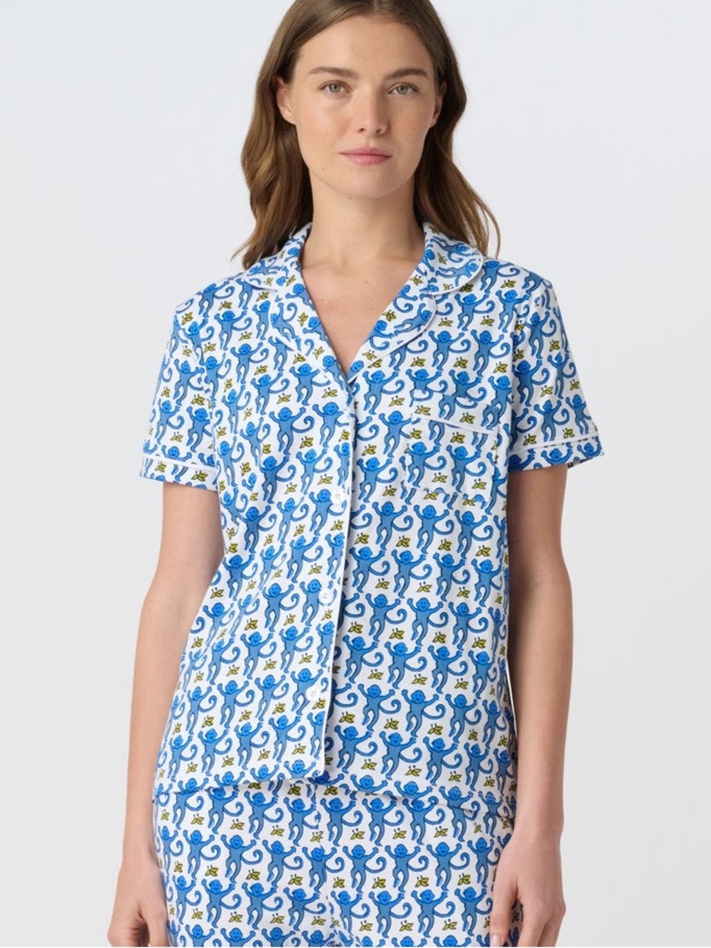Roller rabbit pj short sleeve button down top pajama Pima cotton blue monkey